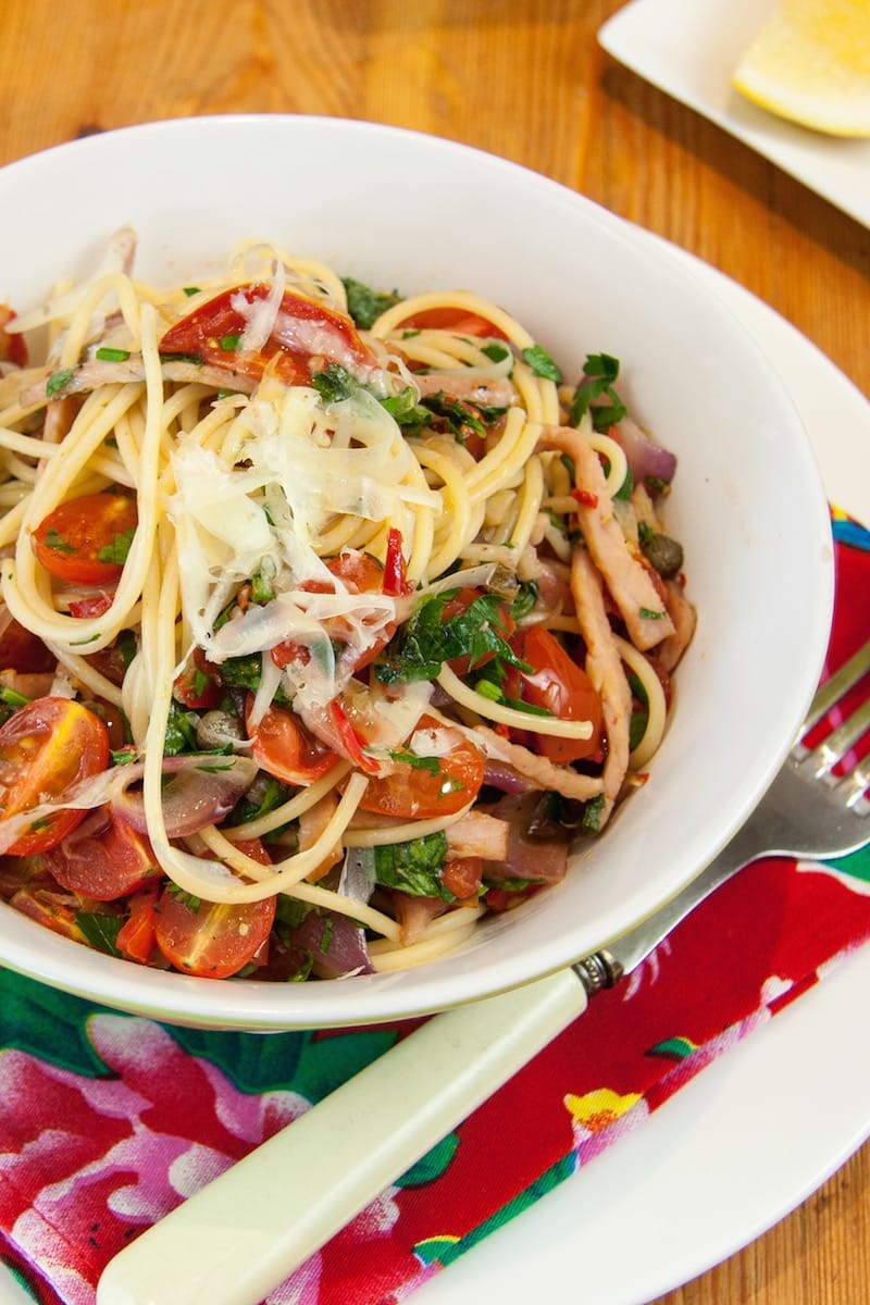 Spaghetti with Tomato, Bacon, Lemon & Basil